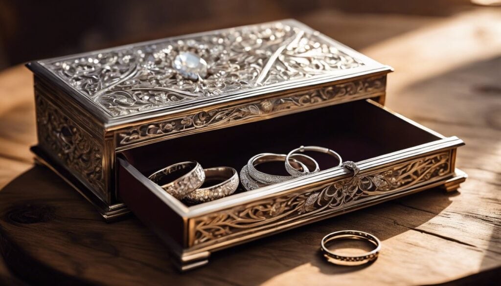 Een glinsterende zilveren sieradendoos op een vintage houten tafel, met diverse zilveren oorbellen, kettingen en ringen.