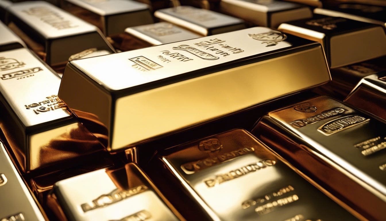 Een stapel glanzende Kleen edelmetaalstaven op een gepolijst houten bureau.