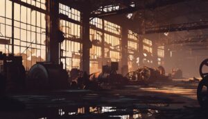 Een verlaten industri&euml;le fabriek met roestende machines en verspreide palladiumresten.