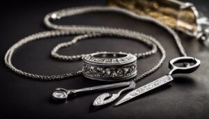 Een close-up foto van een delicaat palladium ketting en tandheelkundige instrumenten in een donkere omgeving.