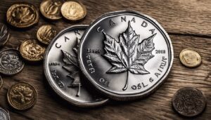 Een Canadese Maple Leaf palladium munt op een rustieke houten tafel.
