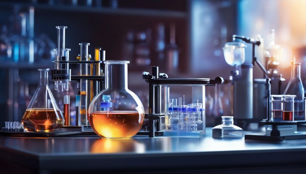 Een wetenschappelijk laboratorium met platina metaal en chemische glaswerk.