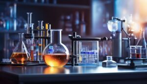 Een wetenschappelijk laboratorium met platina metaal en chemische glaswerk.