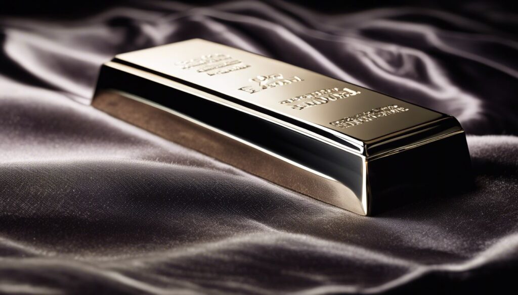 Een close-up foto van een glanzende platina staaf tegen een luxe fluwelen achtergrond.