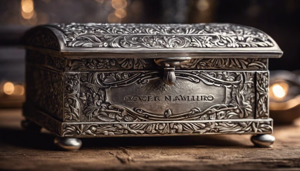 Een vintage platina keurmerkstempel op een verweerde antieke zilveren sieradendoos.