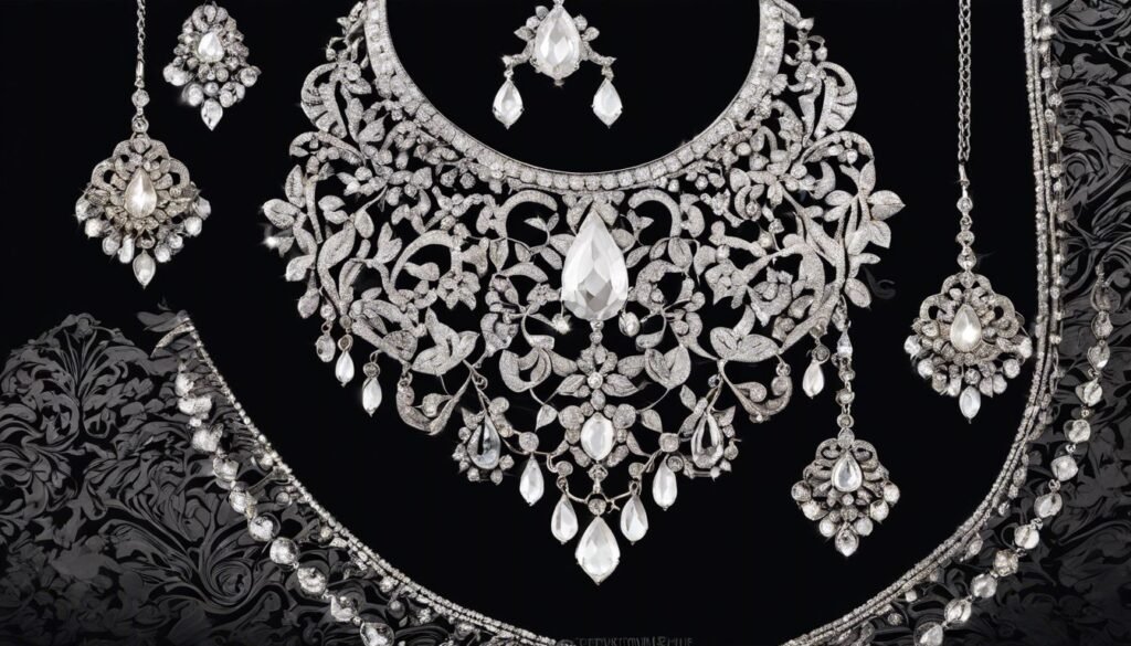 Een gedetailleerde close-up van een platina ketting en oorbellen set.