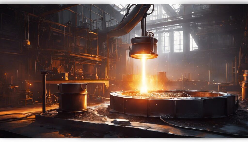 Een close-up foto van een zilveren smeltkroes gevuld met vloeibaar platina in een industriële werkplaats.