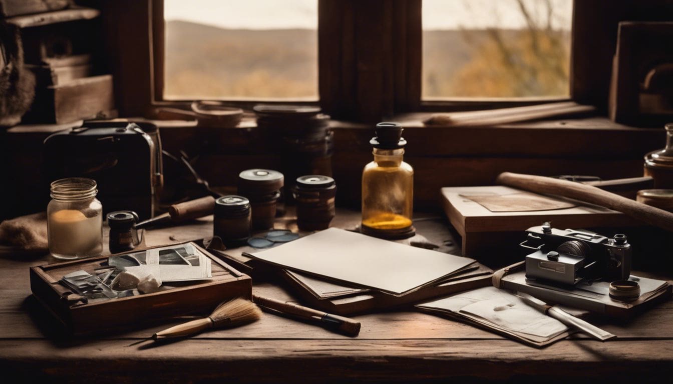 Een vintage houten werktafel met fotografiebenodigdheden en materialen.