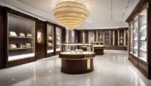 Stijlvolle presentatie van zilveren en gouden sieraden en luxe horloges in een chique juwelierszaak.
