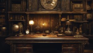 Een antiek houten bureau gevuld met kostbare metalen voorwerpen.