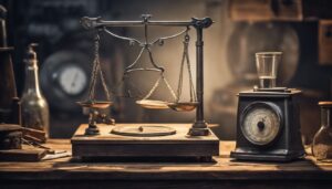 Een oude, versleten weegschaal op een houten tafel met palladium.