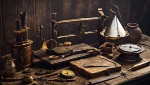 Een donker verlichte kamer met antieke weegschalen en goudsmeden gereedschap op een verweerde houten werkbank.