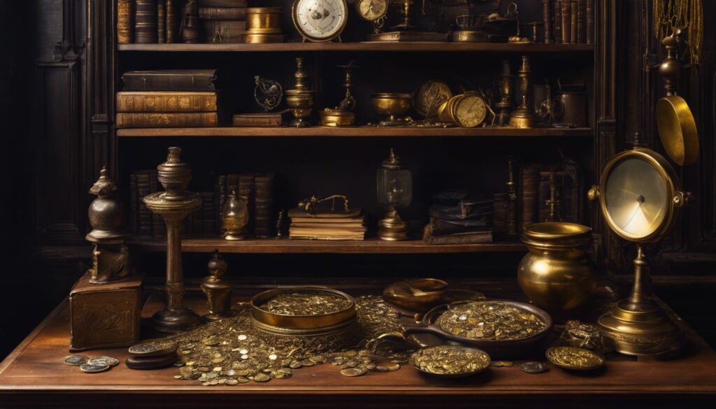 Een antique houten bureau met stapel oude sieraden en vintage weegschaal.