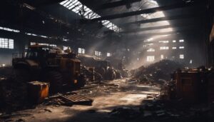 Een donkere en industriële loods gevuld met schroot en machines.