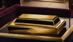 Een majestueuze gouden staaf op een fluweelzachte vitrine, benadrukt Veenstra Edelmetaal's expertise in edele metalen.