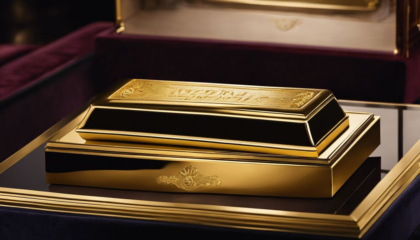 Een majestueuze gouden staaf op een fluweelzachte vitrine, benadrukt Veenstra Edelmetaal's expertise in edele metalen.