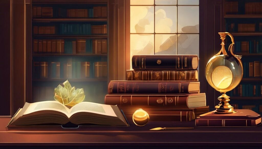 Een elegante en mysterieuze kamer met een zeldzaam osmiumstaafje en antieke investeringsboeken.