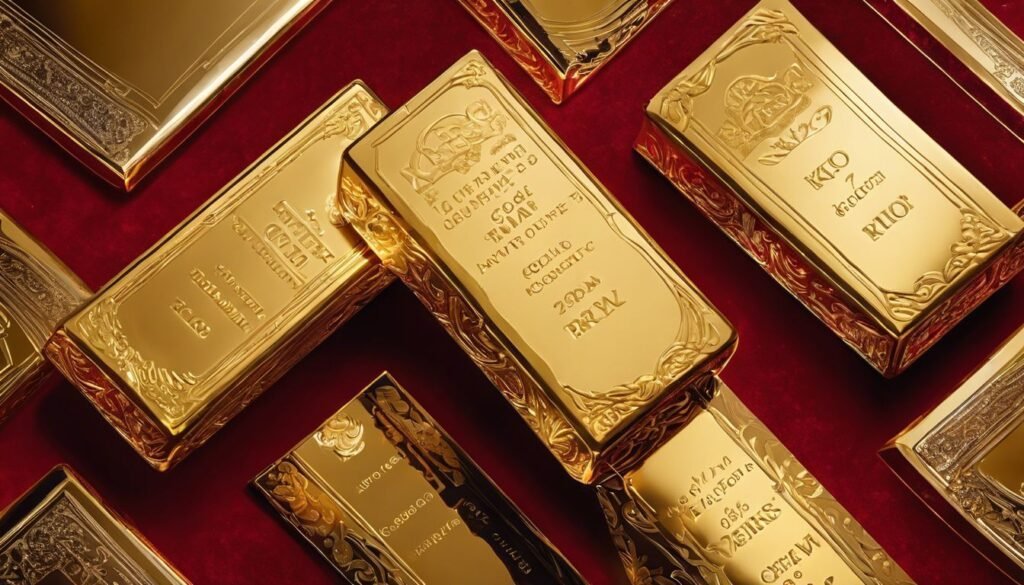 Een close-up van een 24k gouden staaf op een rijkrode fluwelen achtergrond.