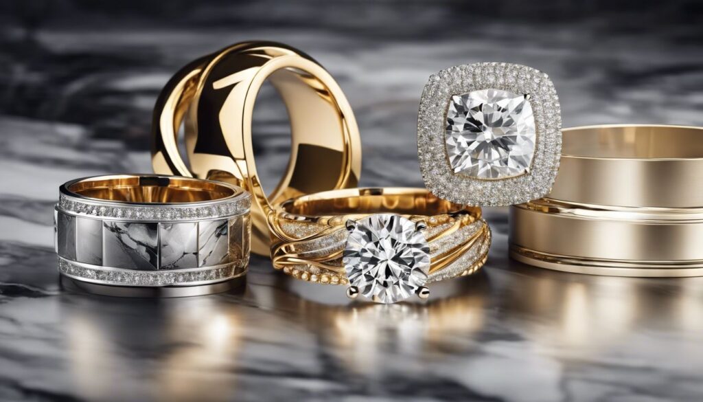 Een collectie van stijlvolle gouden en zilveren sieraden op een marmeren oppervlak.