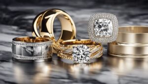 Een collectie van stijlvolle gouden en zilveren sieraden op een marmeren oppervlak.