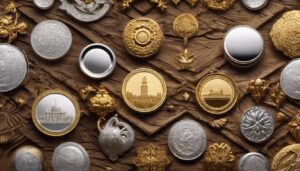 Een verscheidenheid aan glanzende edelmetalen op een houten oppervlak.