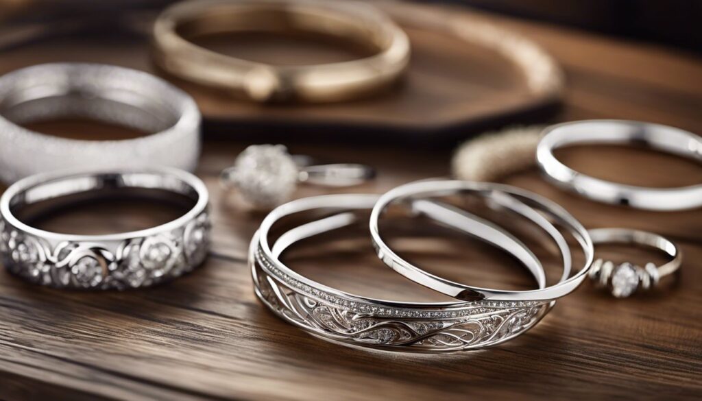 Een selectie van zilveren sieraden wordt tentoongesteld op een gepolijste houten tafel.