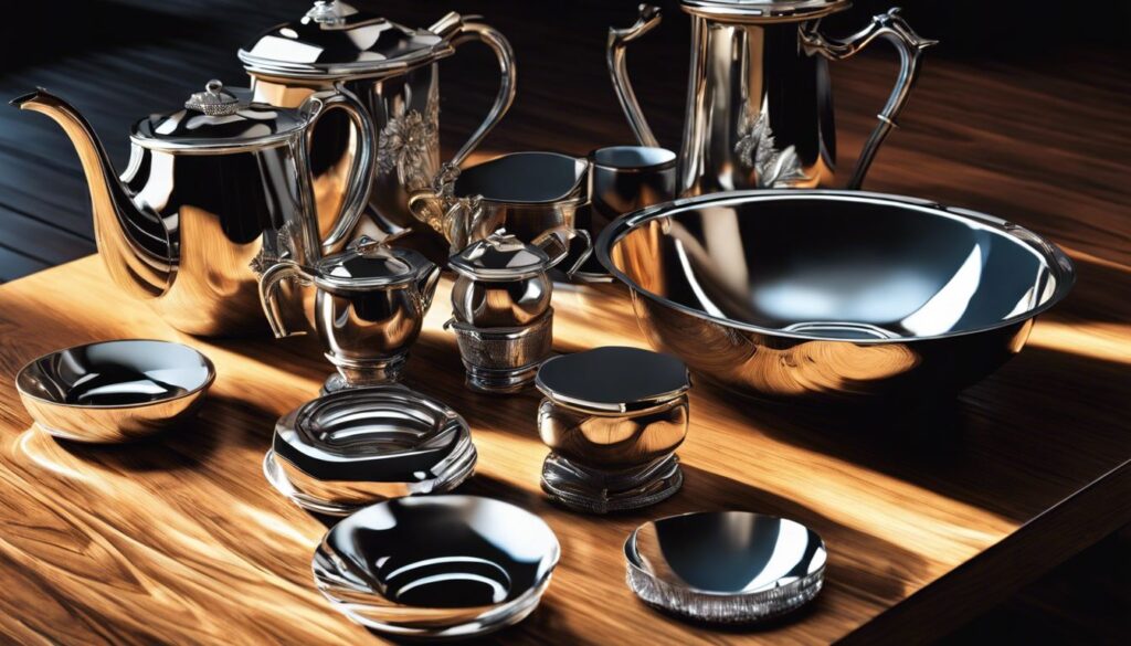 Close-up van glanzende zilveren objecten op houten tafel.'