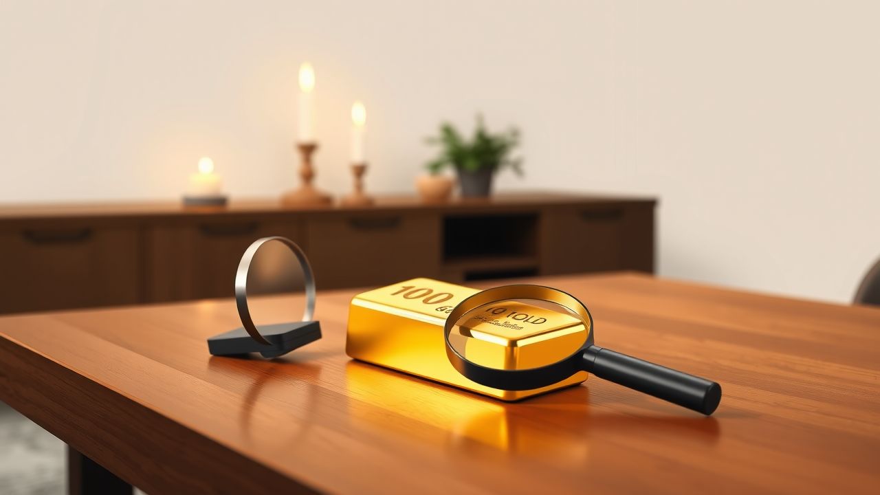 Een 100-gram gouden staaf rust op een gepolijste houten tafel met een vergrootglas ernaast.