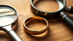 Een close-up van een glanzende 14-karaats gouden ring met een 585 stempel.