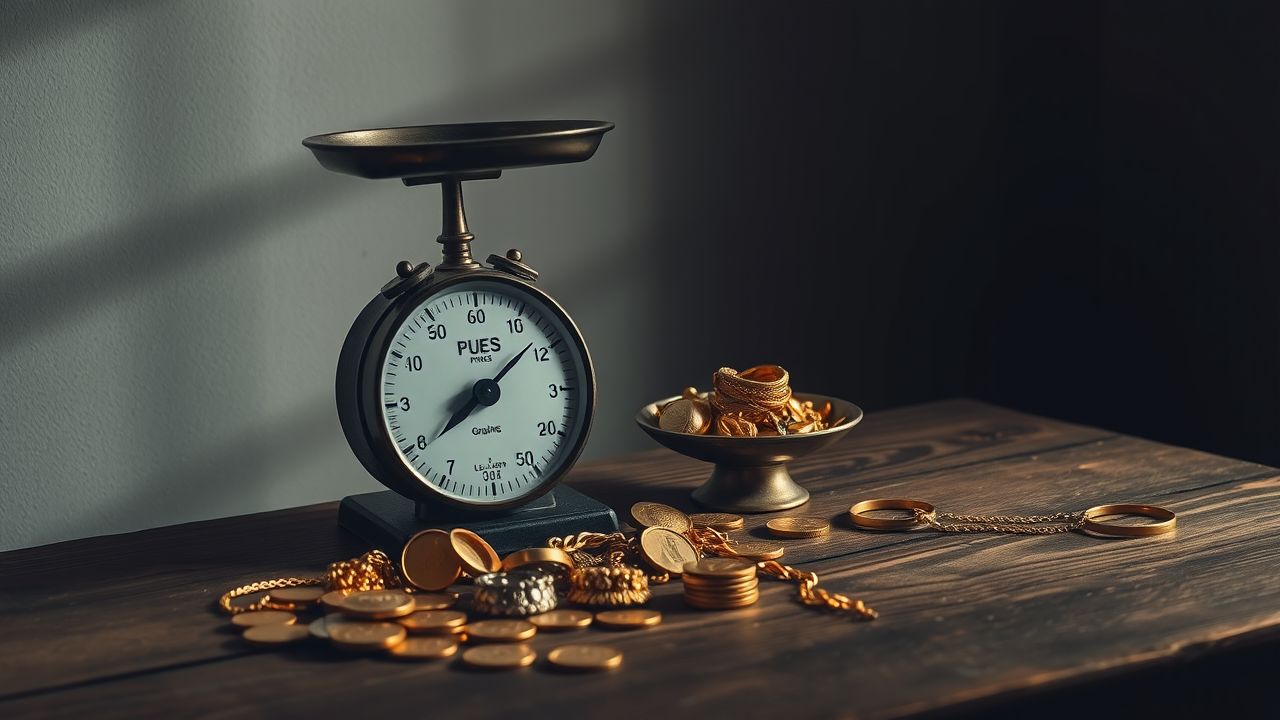 Een vintage weegschaal met gouden sieraden en munten op tafel.