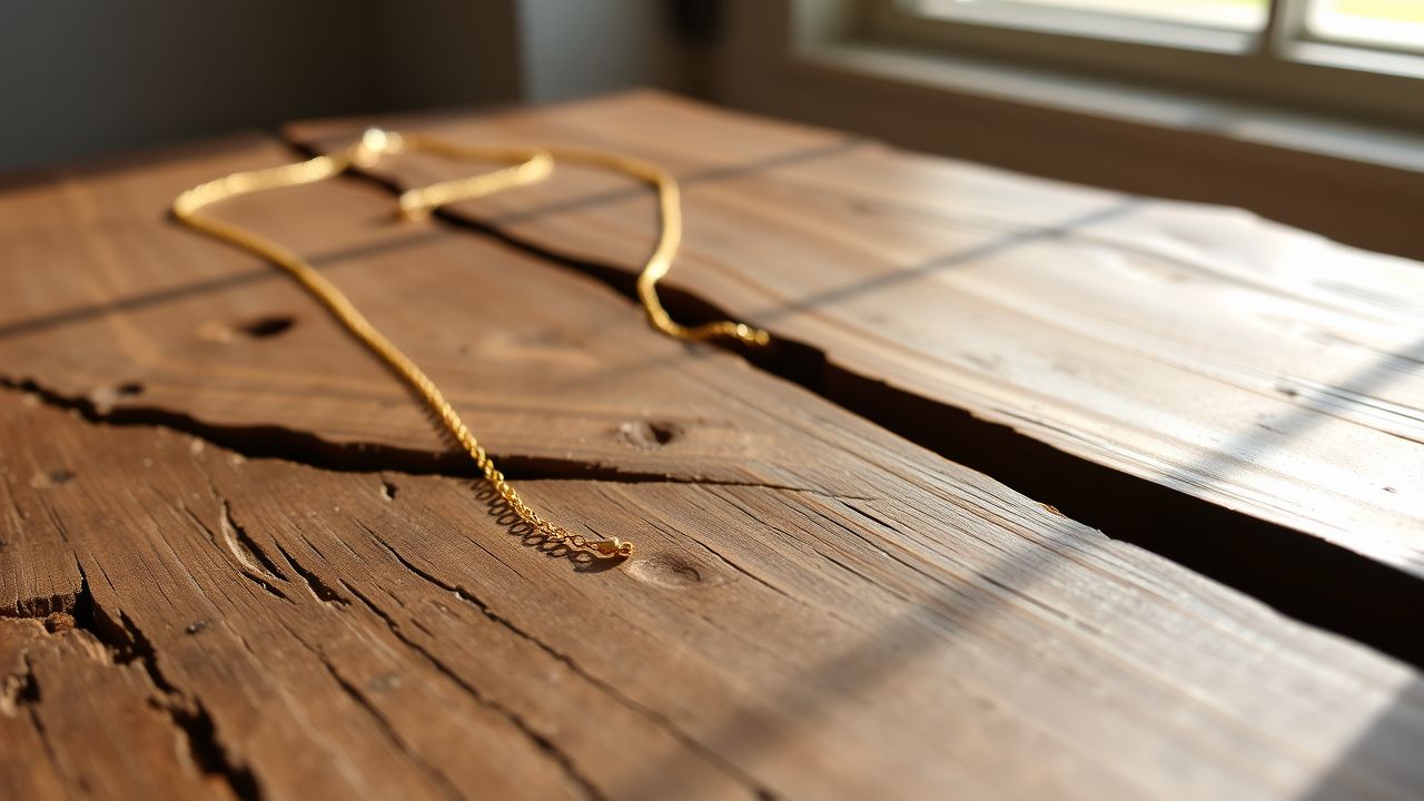Een eenvoudige en veelzijdige 9-karaats gouden ketting op een houten tafel.