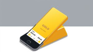 Een gouden staaf naast een smartphone met de GoldRepublic app.