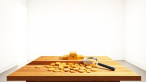 Een tafel vol goudstaven en munten met een vergrootglas.