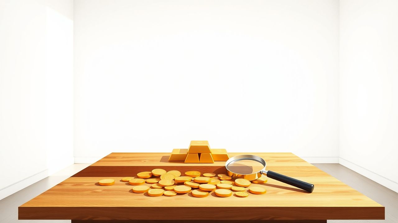Een tafel vol goudstaven en munten met een vergrootglas.