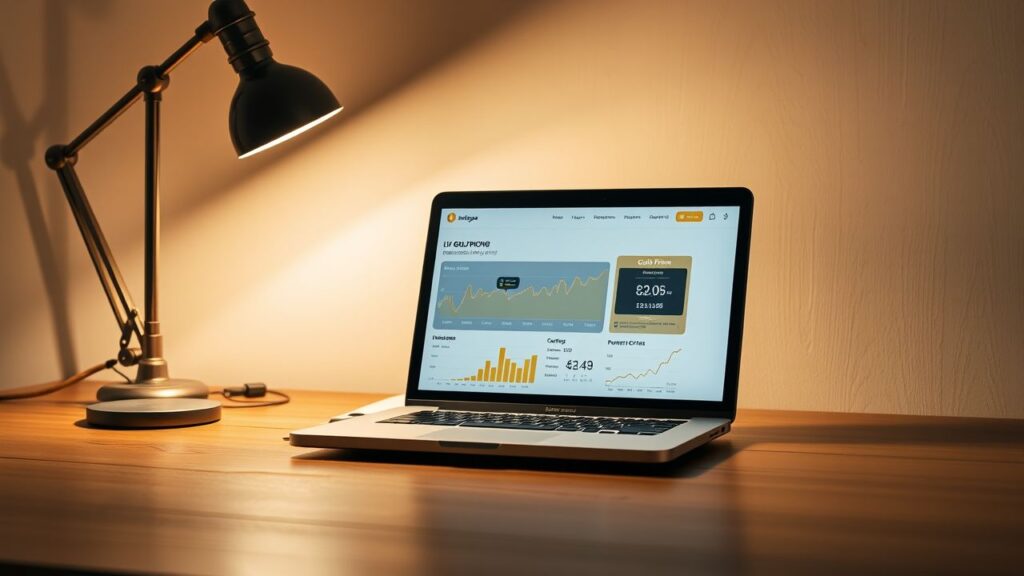 Een open laptop toont een live goudprijs website op een houten bureau.