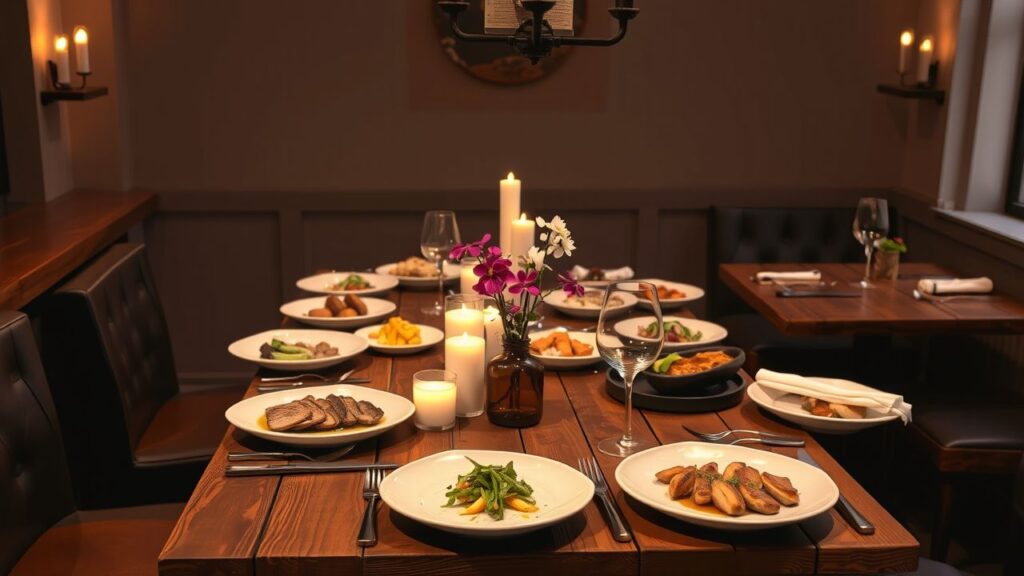 Een tafel vol prachtig gepresenteerde gerechten in een knus restaurant.