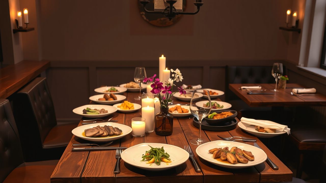 Een tafel vol prachtig gepresenteerde gerechten in een knus restaurant.