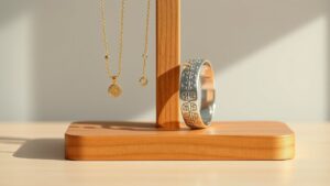 Een gouden ketting en een zilveren armband op een houten sieradenstandaard.