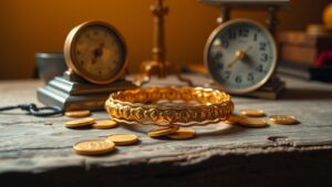 Een gouden armband en munten op een houten tafel.