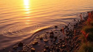 Een rustige Nederlandse rivieroever met gouden zonsondergang en kalme wateren.