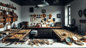 Een ouderwets kantoor met goud, zilveren sieraden en munten.