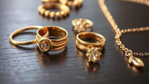 Een close-up van verschillende gouden sieraden op een houten tafel.