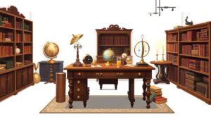 Een antieke houten bureau met bronzen voorwerpen en boeken.