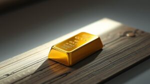 Een gloeiende gouden staaf op een verweerd houten oppervlak.