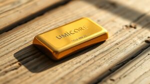 Een Umicore gouden staaf rust op een rustieke houten tafel.